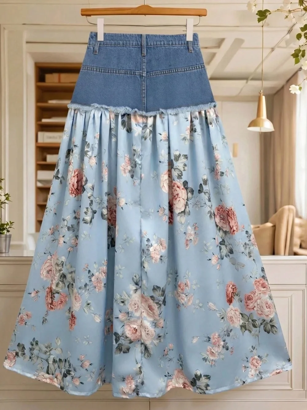 Boho Medium Wash floral Print Flowy Skirt - Picture 3 of 5